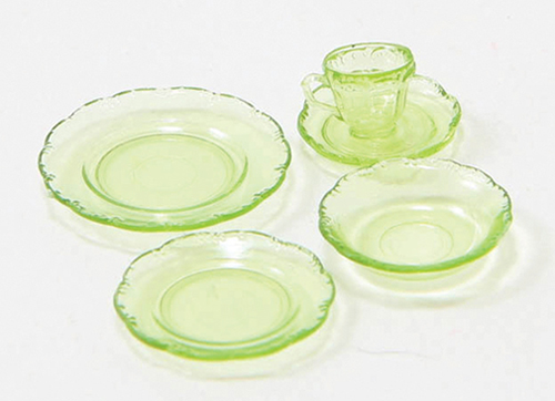 Dollhouse Miniature Depression Dish Set, 5Pc, Green